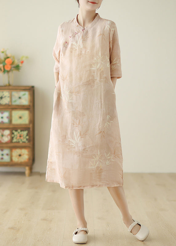 Women Pink Print Pockets Cotton Dress Half Sleeve