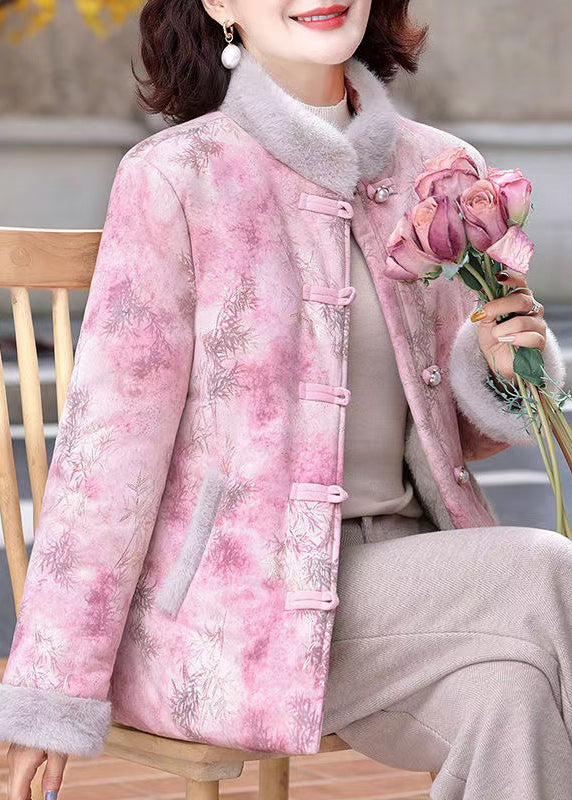 Women Pink Stand Collar Print Patchwork Warm Fleece Parkas Winter