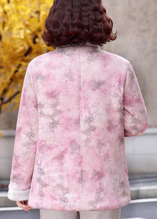 Women Pink Stand Collar Print Patchwork Warm Fleece Parkas Winter