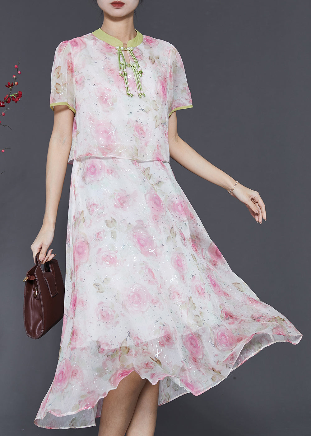 Women Pink Tasseled Patchwork Print Silk Dress Summer