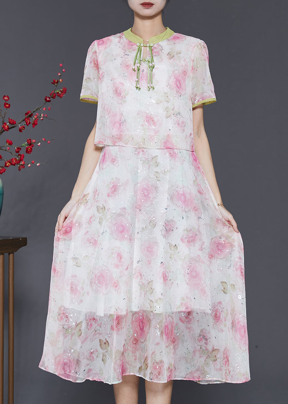 Women Pink Tasseled Patchwork Print Silk Dress Summer