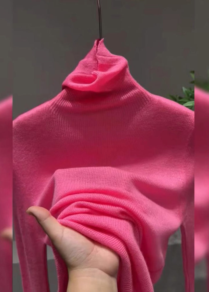 Women Pink Turtleneck Cotton Knit Sweater Tops Spring