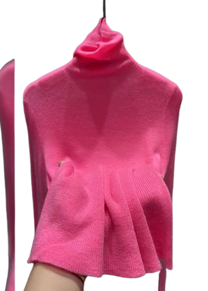 Women Pink Turtleneck Cotton Knit Sweater Tops Spring