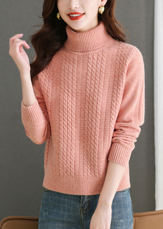 Women Pink Turtleneck Solid Knit Sweater Winter