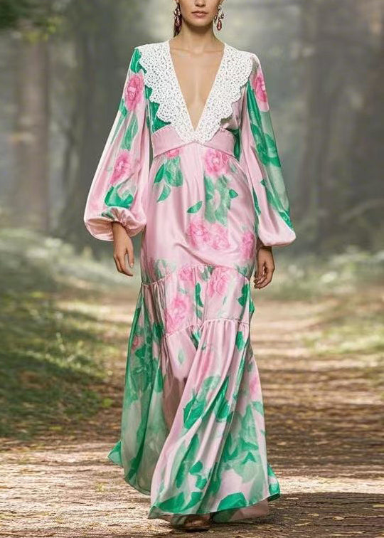 Women Pink V Neck Print Patchwork Silk Long Dress Lantern Sleeve