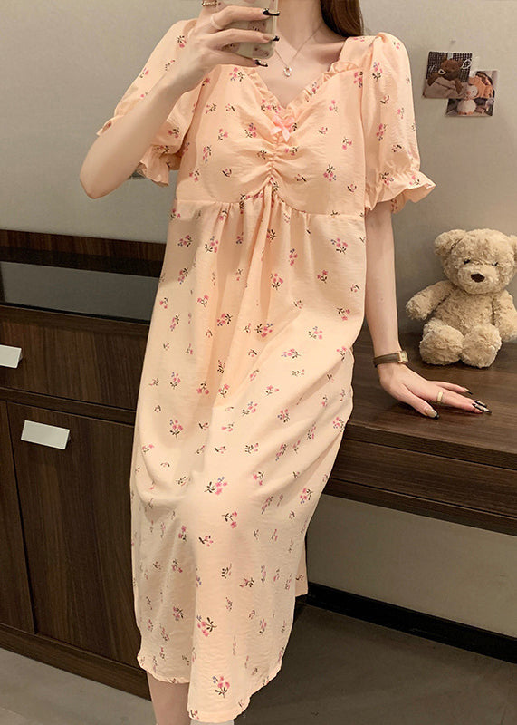 Women Pink V Neck Wrinkled Print Cotton Pajamas Long Dress Summer