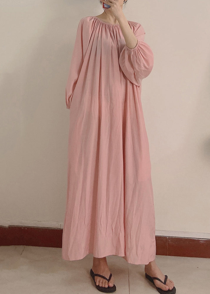 Women Pink Wrinkled Pockets Maxi Dress Long Sleeve