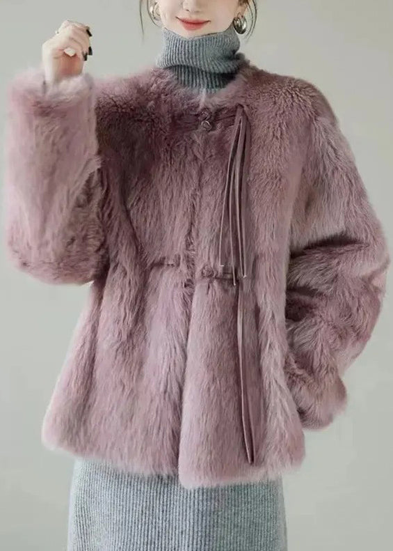 Women Purple Button Solid Mink Hair Coat Winter