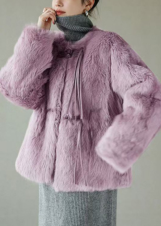 Women Purple Button Solid Mink Hair Coat Winter