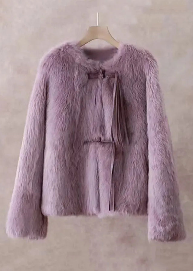 Women Purple Button Solid Mink Hair Coat Winter