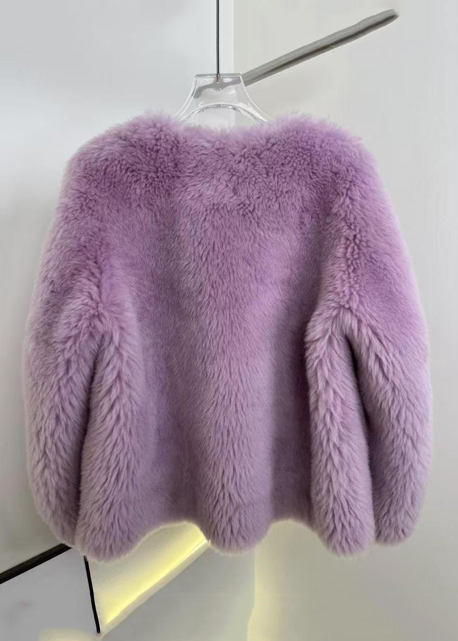 Women Purple Button Solid Mink Hair Coat Winter