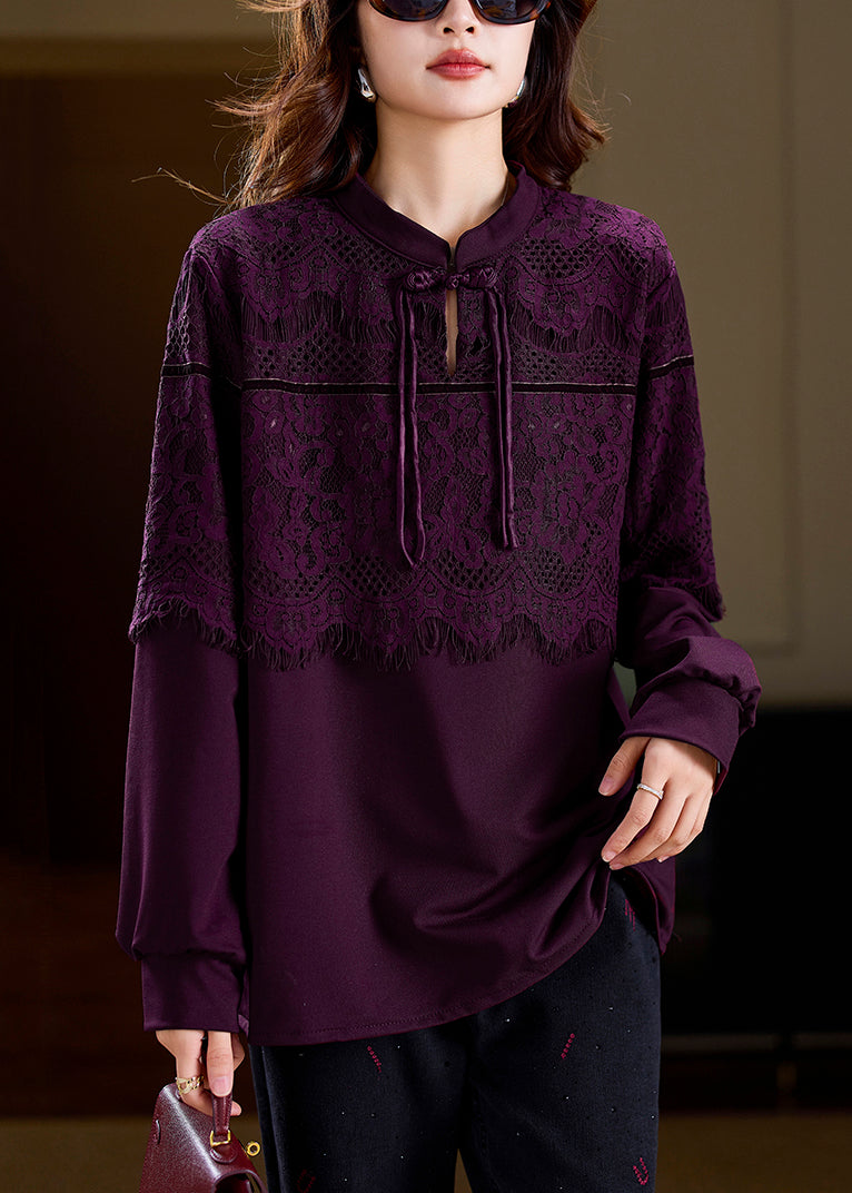 Women Purple Chinese Button Patchwork Lace T Shirts Spring