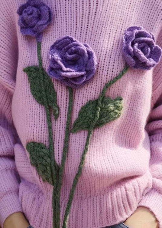 Women Purple Floral Hollow Out Knit Sweaters Winter