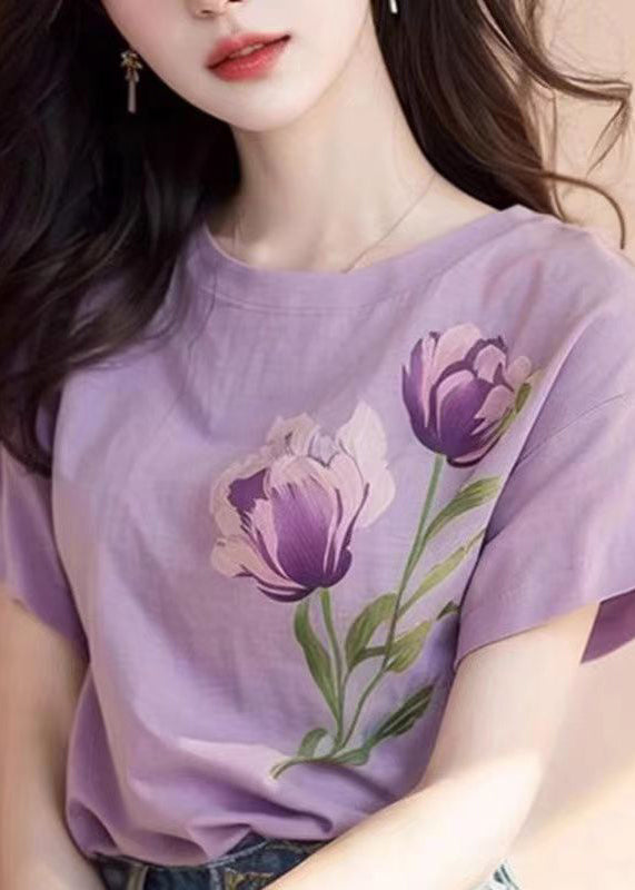 Women Purple O Neck Print Cotton T Shirt Short Sleeve