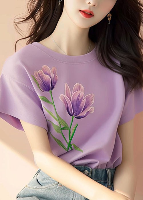 Women Purple O Neck Print Cotton T Shirt Short Sleeve