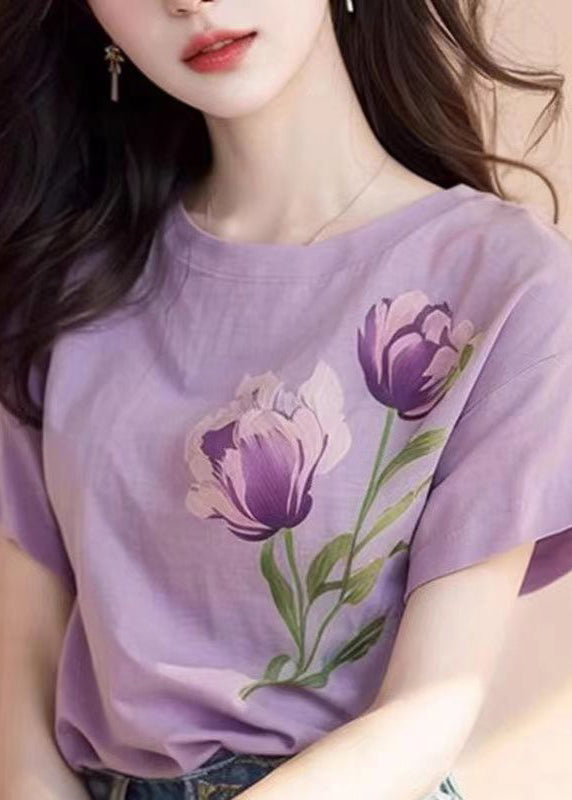 Women Purple O Neck Print Cotton T Shirt Short Sleeve