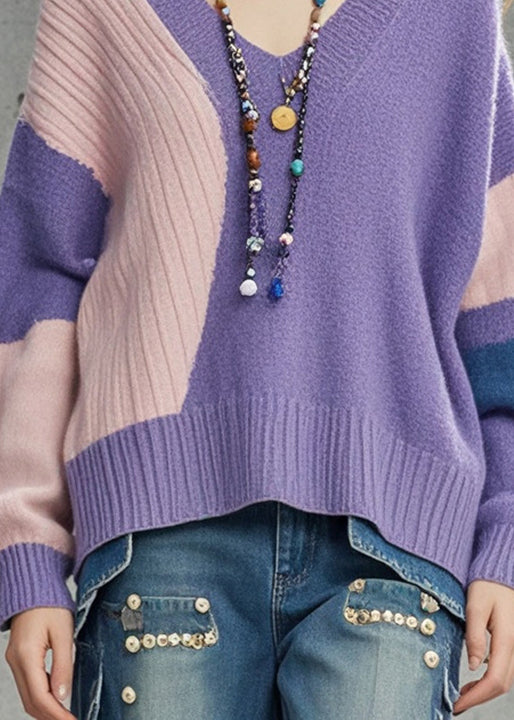 Women Purple Oversized Patchwork Knit Sweaters Fall