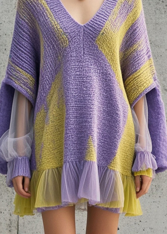 Women Purple Oversized Patchwork Tulle Knit Dress Fall