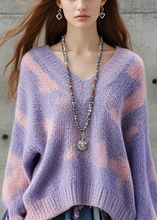 Women Purple Oversized Tie Dye Thick Knit Sweater Fall