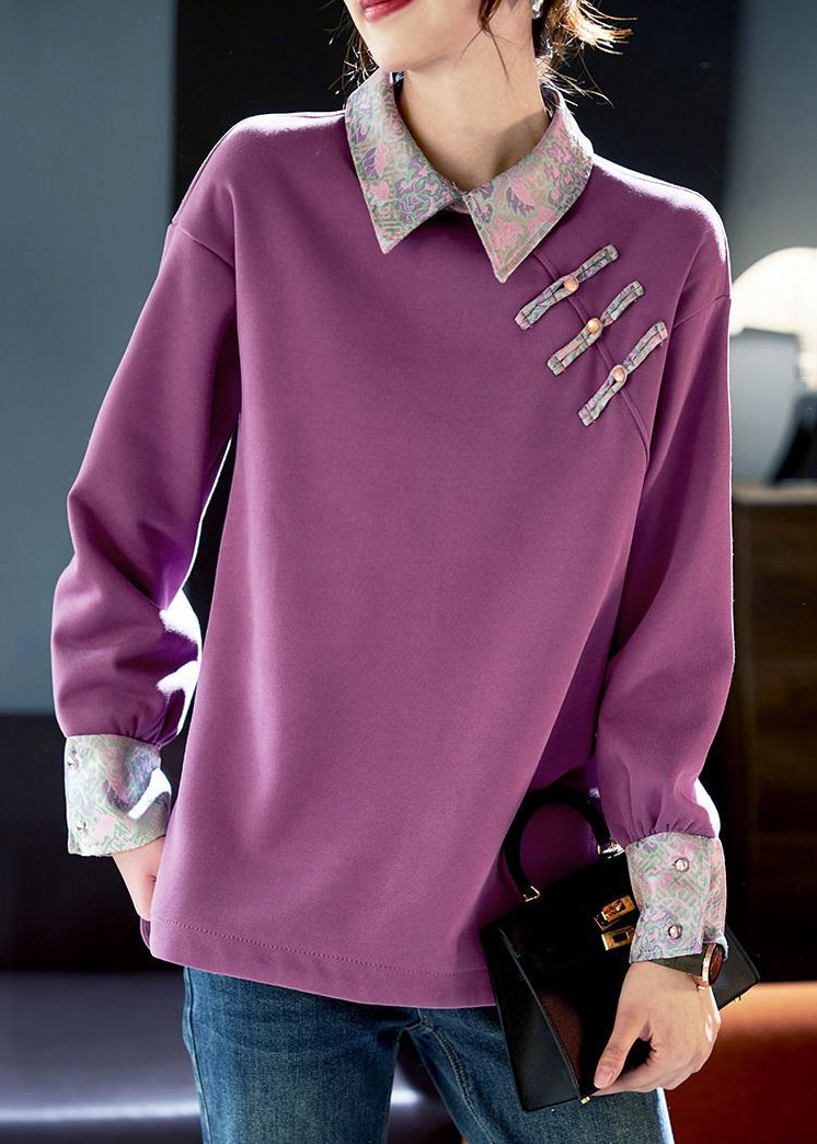 Women Purple Peter Pan Collar Patchwork Cotton Sweatshirts Spring