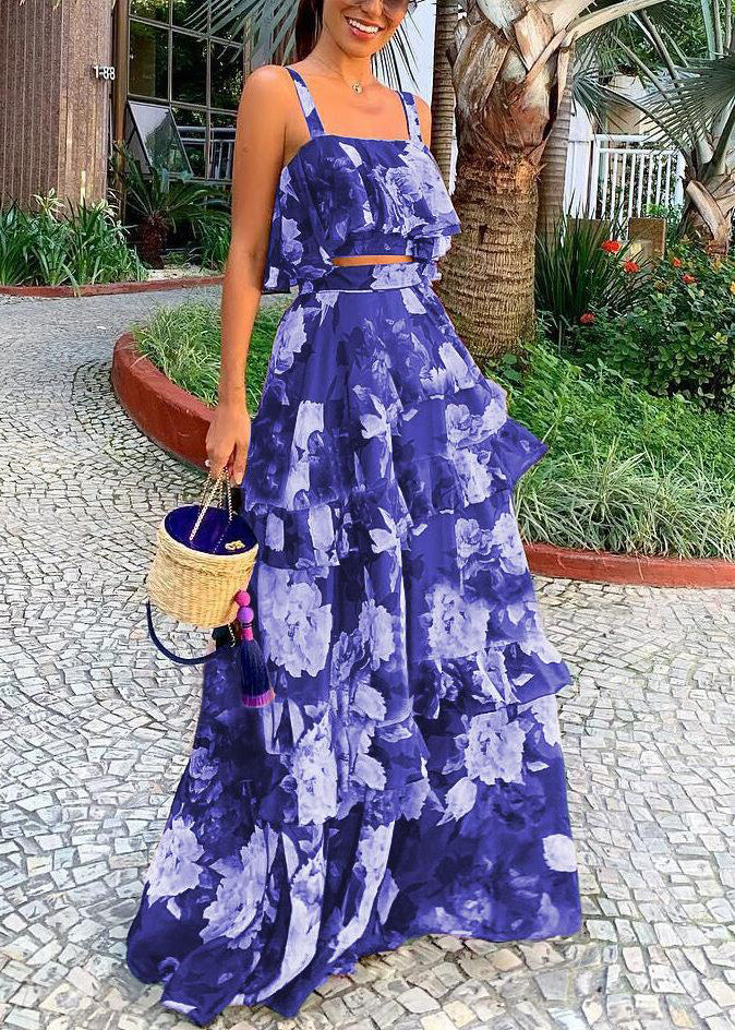 Women Purple Ruffled Print Patchwork Two Piece Set Summer