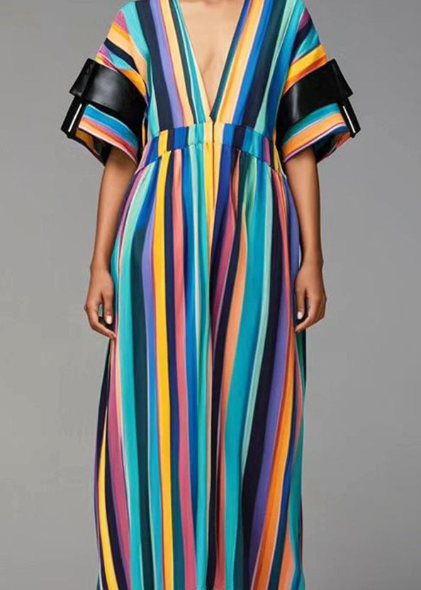 Women Rainbow Deep-V Neck Striped Cotton Dresses Summer