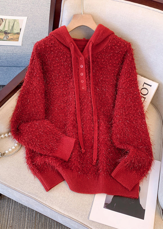 Women Red Hooded Thick Knit Sweater Tops Winter