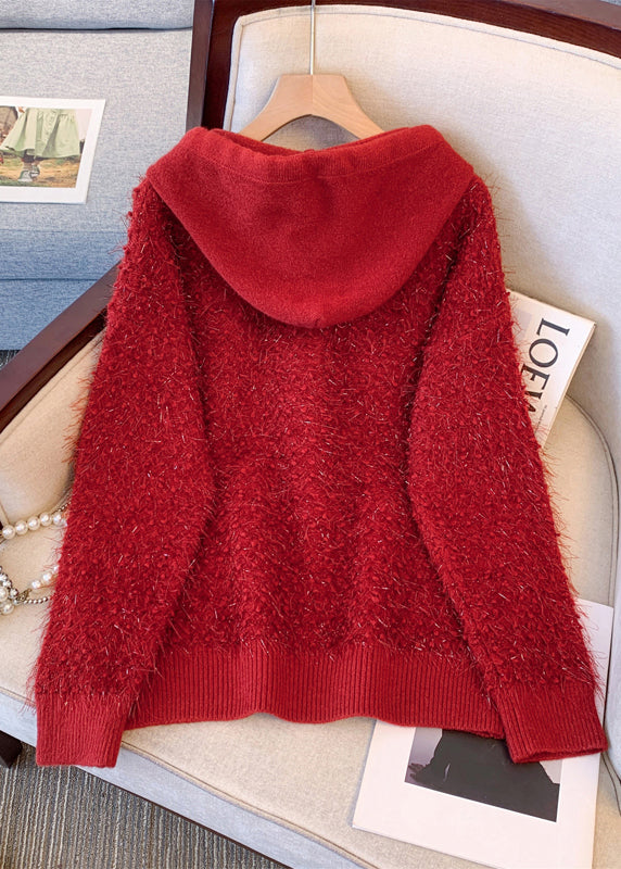 Women Red Hooded Thick Knit Sweater Tops Winter