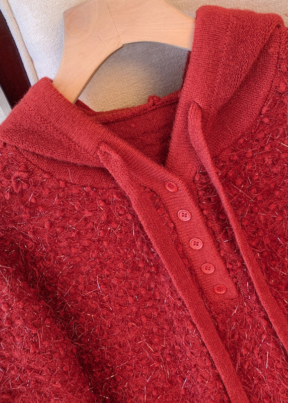 Women Red Hooded Thick Knit Sweater Tops Winter