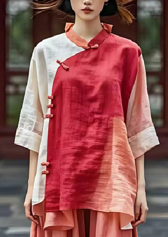 Women Red Mandarin Collar Patchwork Linen Shirts Summer