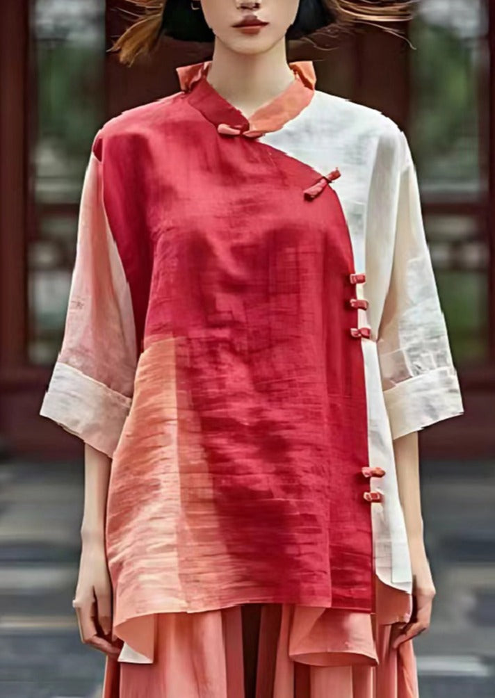 Women Red Mandarin Collar Patchwork Linen Shirts Summer