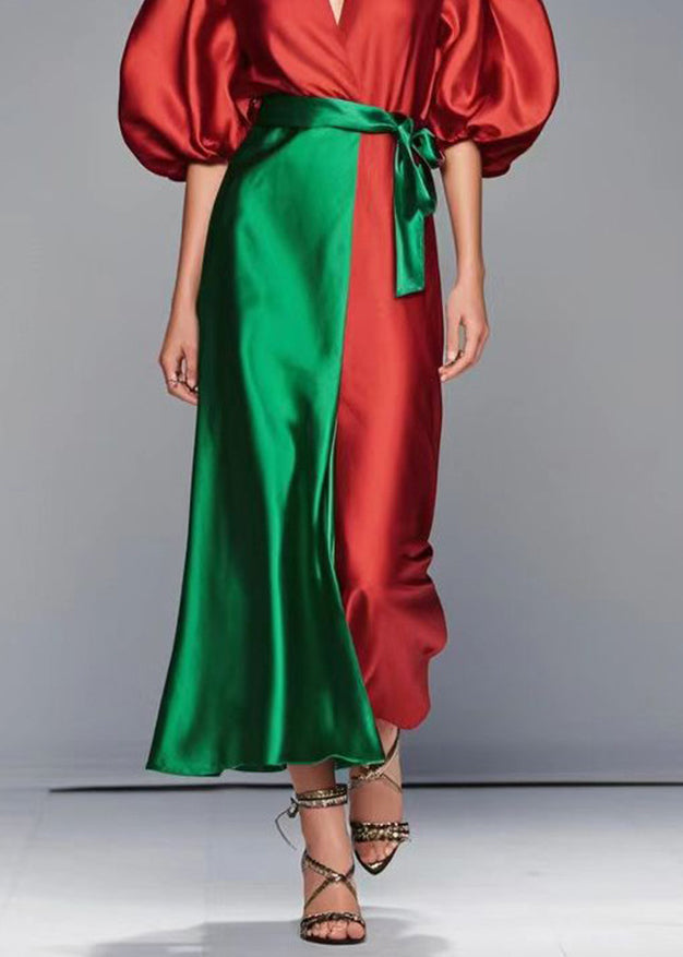 Women Red Puff Sleeve Patchwork Silk Robe Dresses