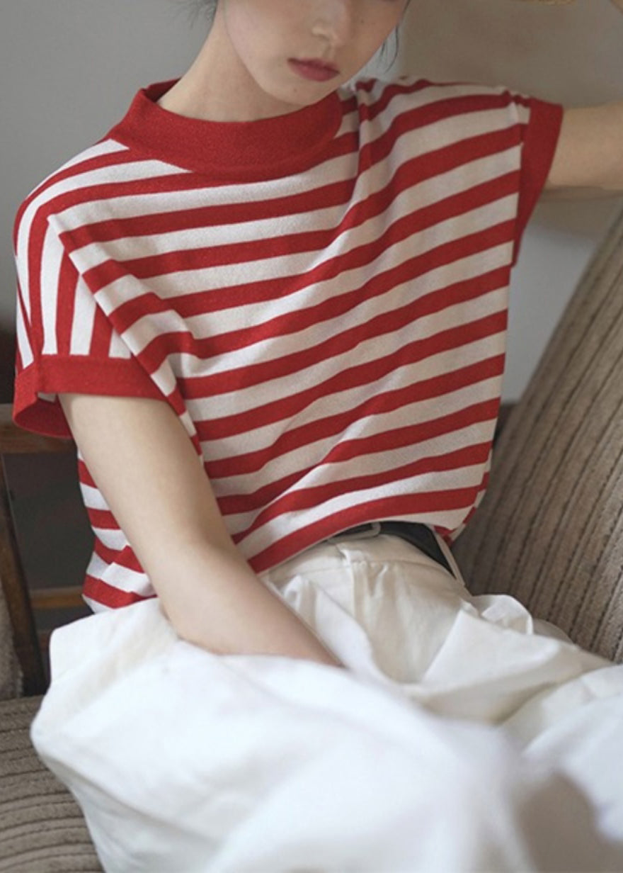 Women Red Stand Collar Striped Cotton Tanks Summer