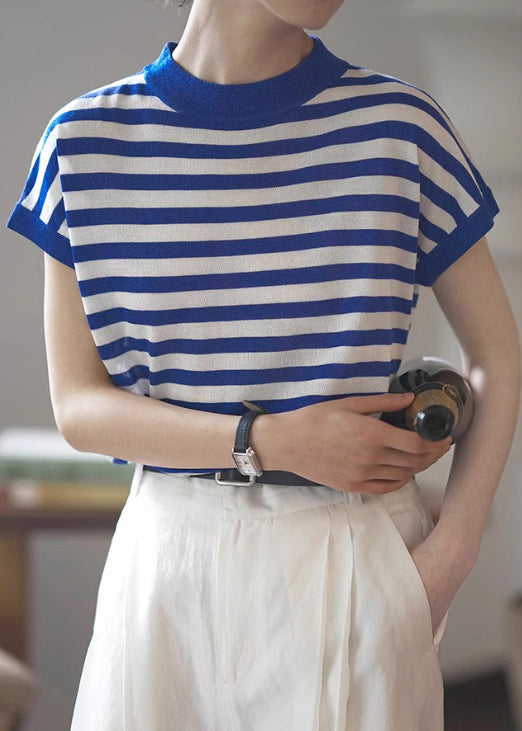 Women Red Stand Collar Striped Cotton Tanks Summer