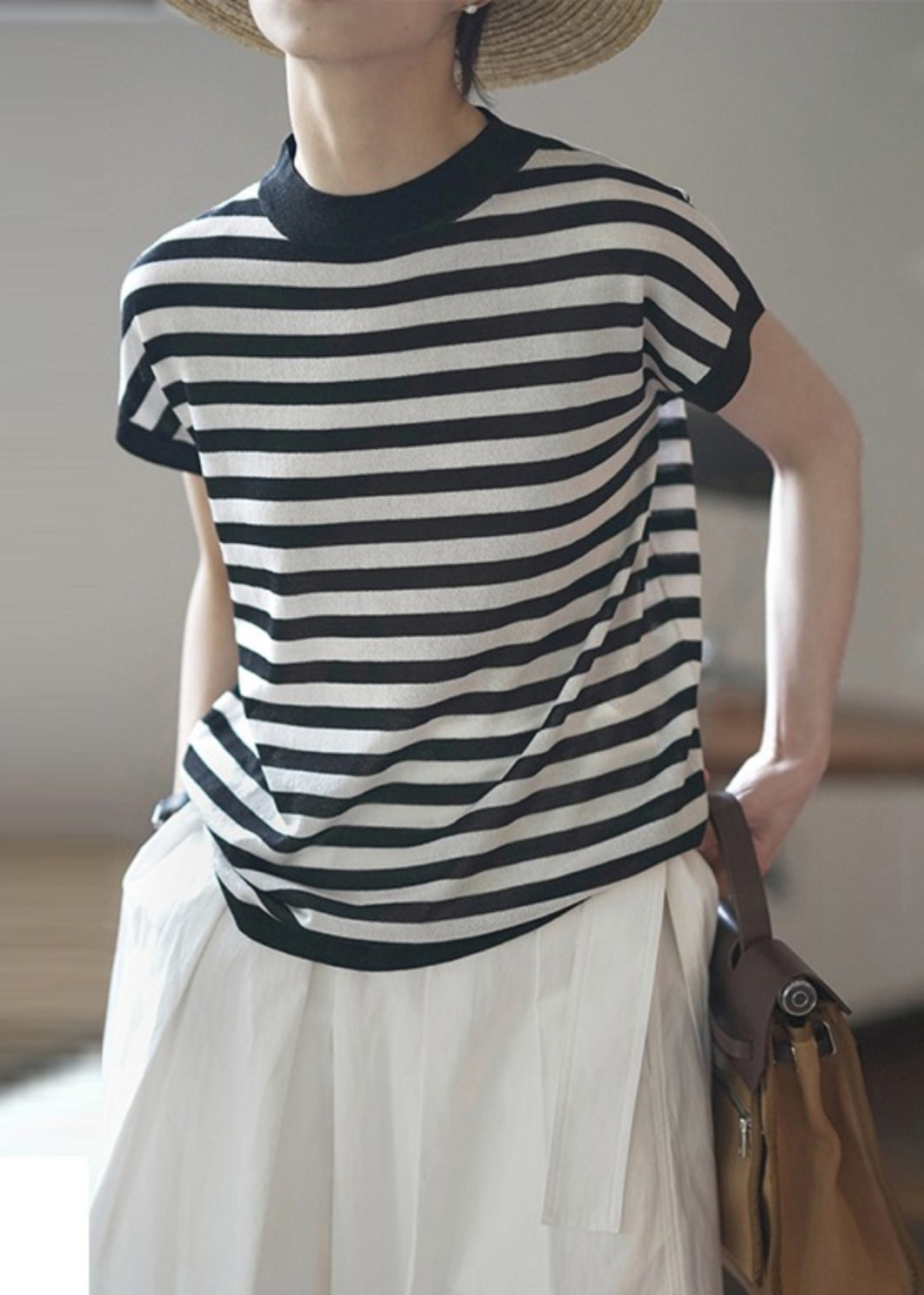 Women Red Stand Collar Striped Cotton Tanks Summer