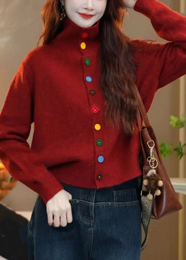 Women Red Turtleneck Button Knit Sweaters Winter