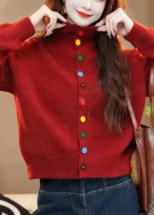 Women Red Turtleneck Button Knit Sweaters Winter