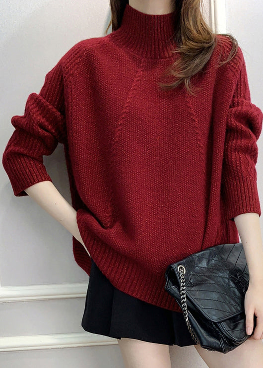 Women Red Turtleneck Cozy Cotton Knit Sweater Fall