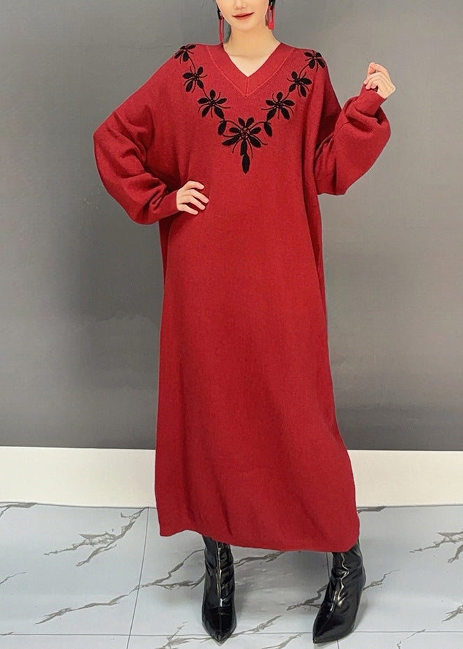 Women Red V Neck Embroidered Knit Sweater Dress Fall