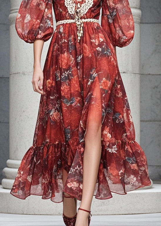 Women Red V Neck Print Chiffon Dresses Flare Sleeve