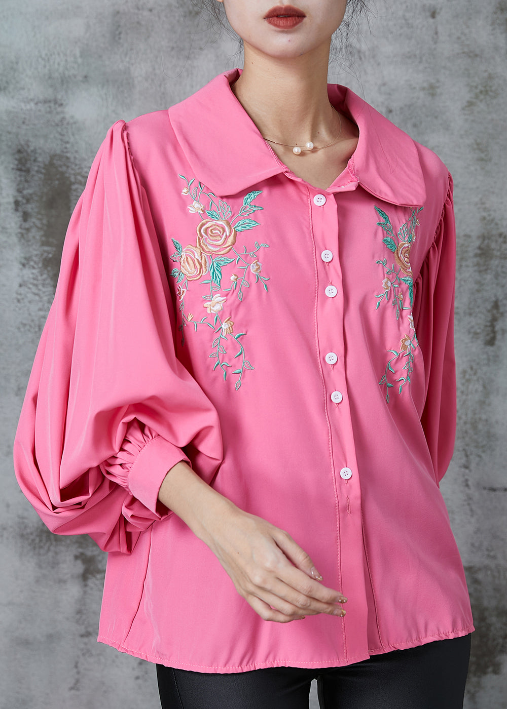 Women Rose Embroidered Floral Cotton Shirt Tops Lantern Sleeve