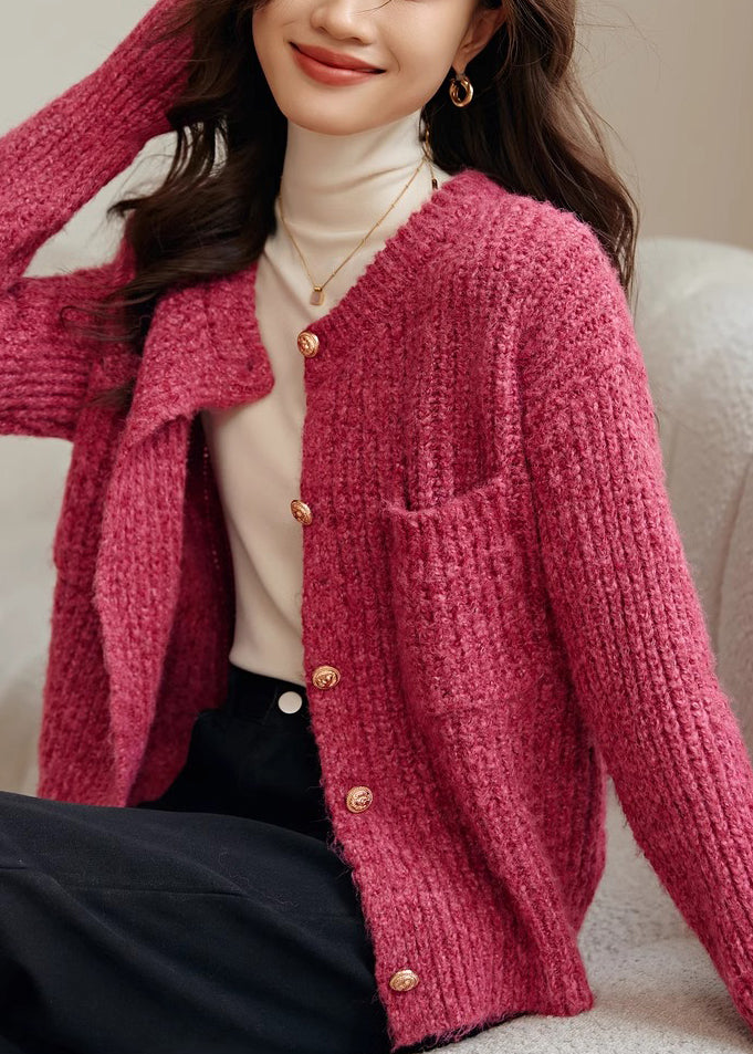 Women Rose O Neck Button Pockets Cotton Knit Coat Spring