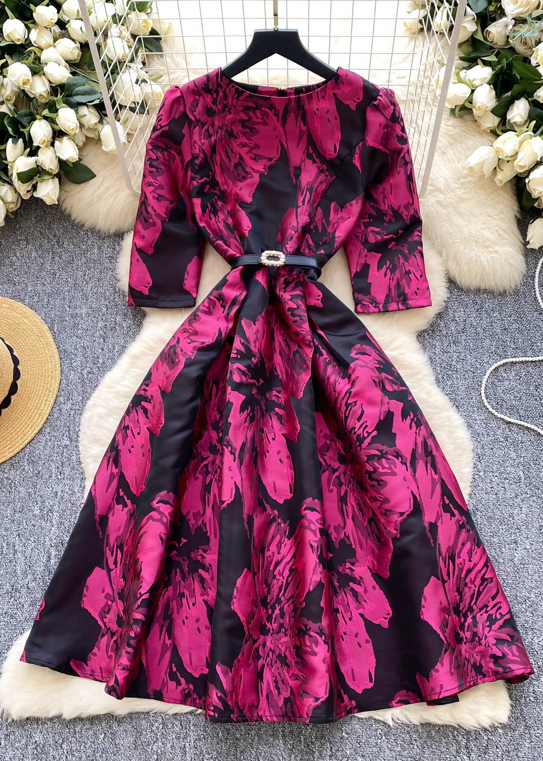 Women Rose Puff Sleeve Print Party Dresses