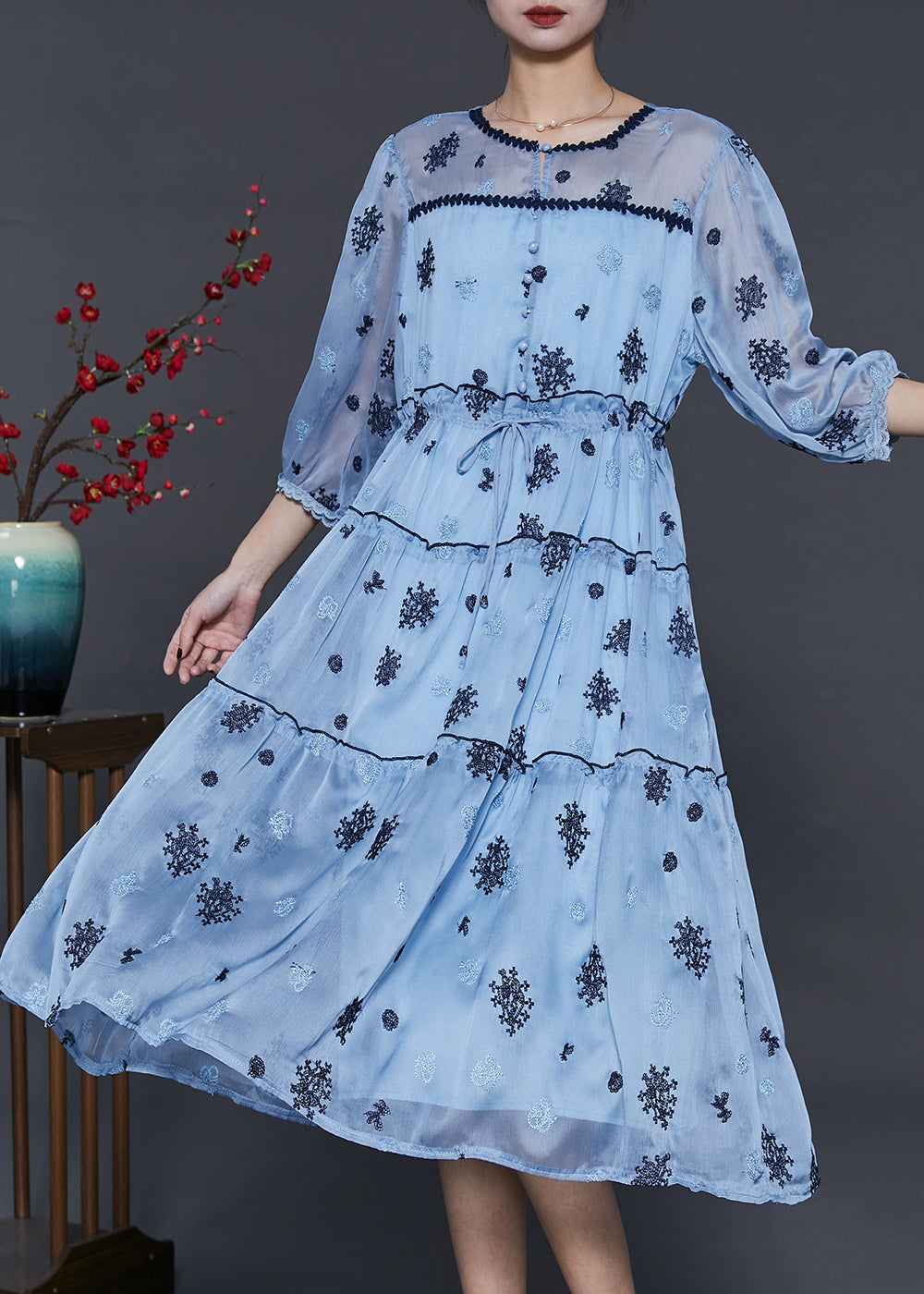 Women Sea Blue Embroidered Silk Cinched Dress Summer