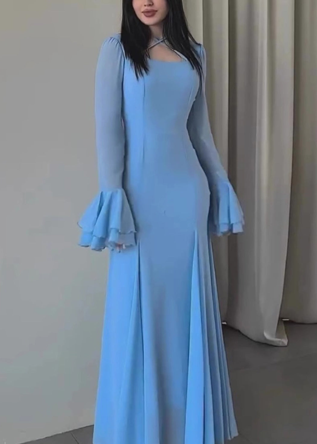 Women Slim Fit Blue U Neck Chiffon Maxi Dresses Butterfly Sleeve