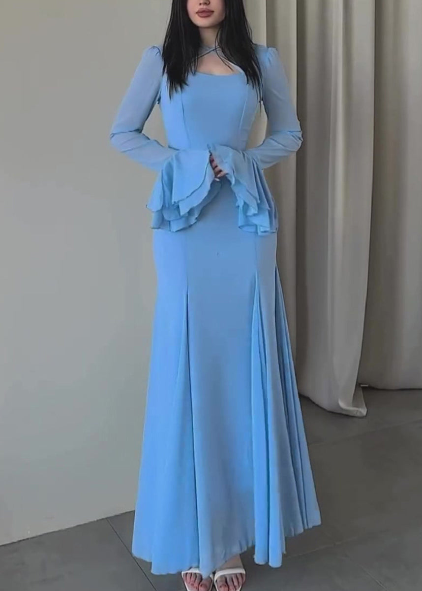 Women Slim Fit Blue U Neck Chiffon Maxi Dresses Butterfly Sleeve