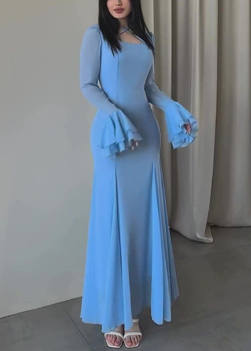 Women Slim Fit Blue U Neck Chiffon Maxi Dresses Butterfly Sleeve