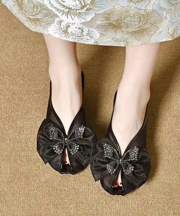 Women Splicing Chunky Black Tulle Bow Slide Sandals