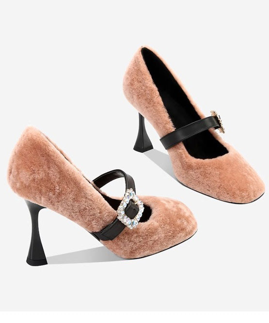 Women Splicing Stiletto High Heels Pink Faux Fur