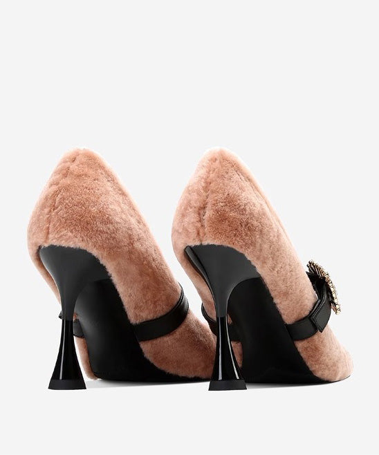 Women Splicing Stiletto High Heels Pink Faux Fur